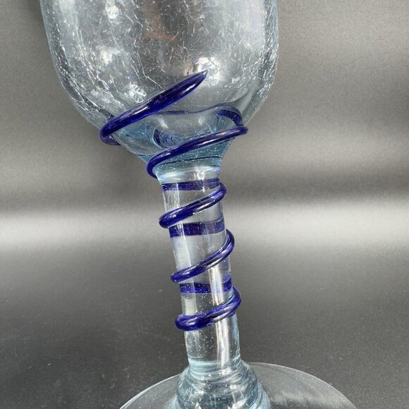Hand Blown Crackle Glass Goblet Drinking Glasses Set 2 Clear Blue Swirl Goblets - Picture 7 of 12